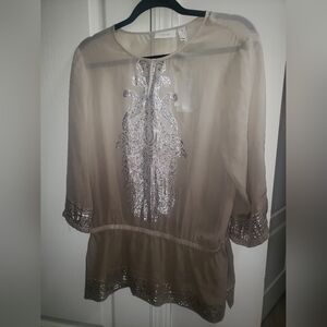 Chicos Silk Sheer Brown Ombre Metallic Peplum Top Size 1